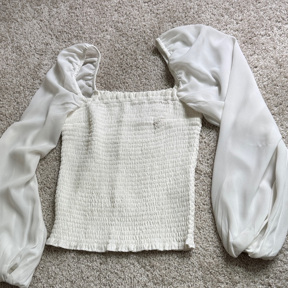 Abercrombie & Fitch White Smocked Square-Neck Puff Sleeve Crop Top